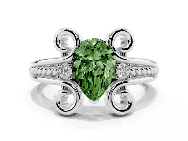 Fancy Green Pear Cut Solitaire Twisted Band Scroll Prong Ring White gold