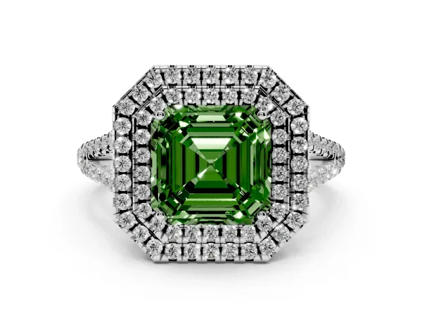 Fancy Green Asscher Cut Diamond Double Halo Ring with Pavé Band and Prong Setting White gold