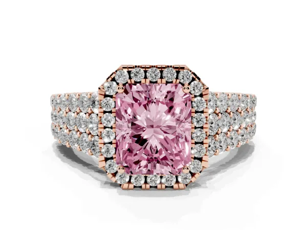 Fancy Pink Radiant Cut Diamond Halo Engagement Ring with Triple Row Round Pavé Band and Prong Setting Rose gold