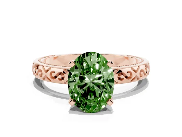 Fancy Green Oval Cut Solitaire Engagement Ring with Scrollwork Band and Four-Prong Setting Rose gold