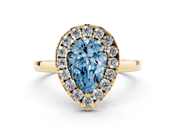 Fancy Blue Pear Cut Halo Diamond Solitaire with Pavé Band and Four-Prong Setting Yellow gold