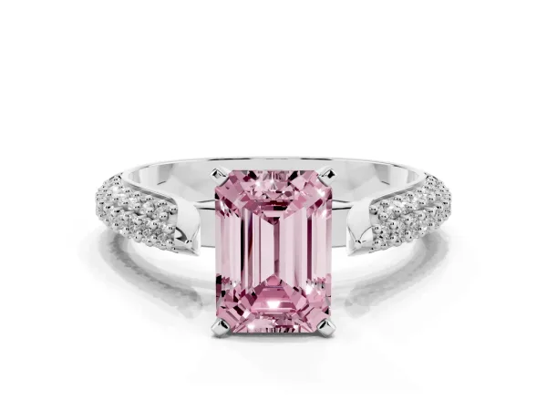 Fancy Pink Emerald Cut Diamond Solitaire Engagement Ring with Multi-Row Round Pavé Band and Prong Setting White gold