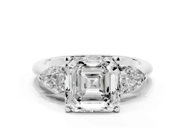Three-Stone Asscher Cut Diamond Ring with Pear Side Stones and Four-Prong Setting Platinum