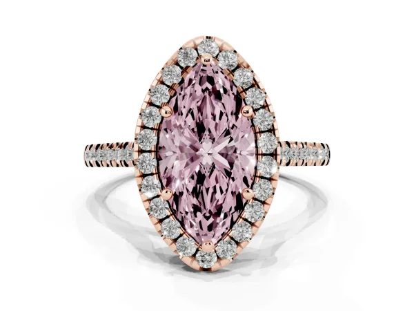 Fancy Pink Marquise Cut Diamond Cushion Halo Ring with Pavé Band Rose gold