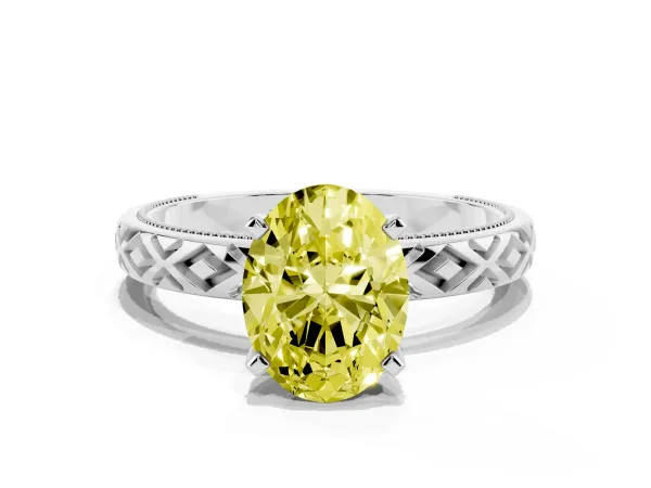 Fancy Yellow Oval Cut Solitaire Diamond Ring with Milgrain and Black Enamel X Pattern Band White gold