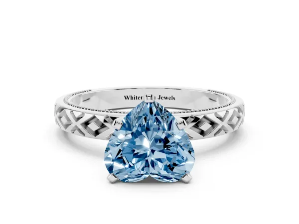 Fancy Blue Heart Cut Solitaire Diamond Ring with Milgrain and Black Enamel X Pattern Band White gold