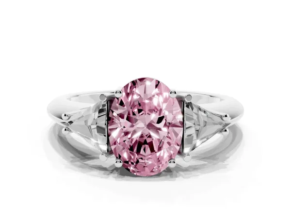 Fancy Pink Three-Stone Oval Cut Diamond Engagement Ring with Trillion Side Stones and Prong Setting Platinum