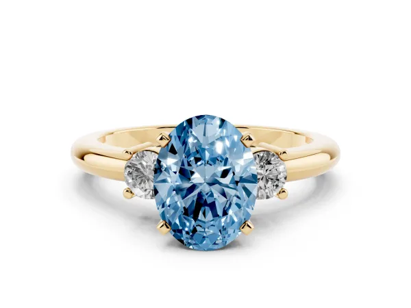Fancy Blue Three-Stone Oval Cut Cut Diamond Solitaire with Prong Setting and Classic Band Yellow gold