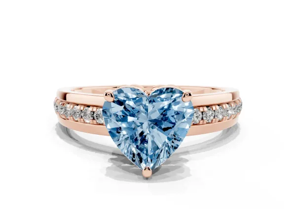 Fancy Blue Heart Cut Solitaire Diamond Ring with Channel Set Band and Six-Prong Setting Rose gold