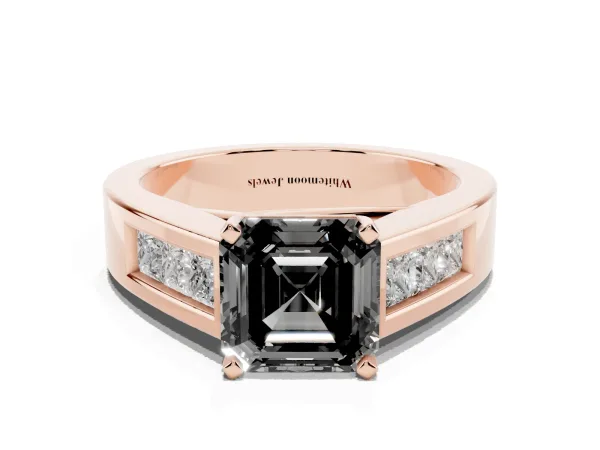 Fancy Black Asscher Cut Cut Channel Set Solitaire Ring with Four-Prong Setting Rose gold
