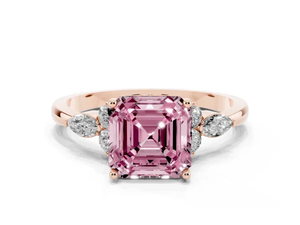 Fancy Pink Asscher Cut Brilliant Diamond Solitaire Ring with Pear Side Stones and Four-Prong Setting Rose gold