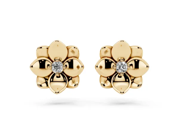 Round Diamond Magnolia Floral Stud Earrings Yellow gold