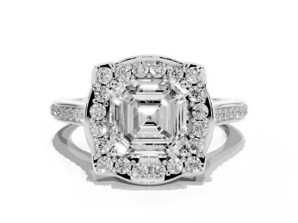 Asscher Cut Halo Round Diamond Pave Band with Four-Prong Setting White gold