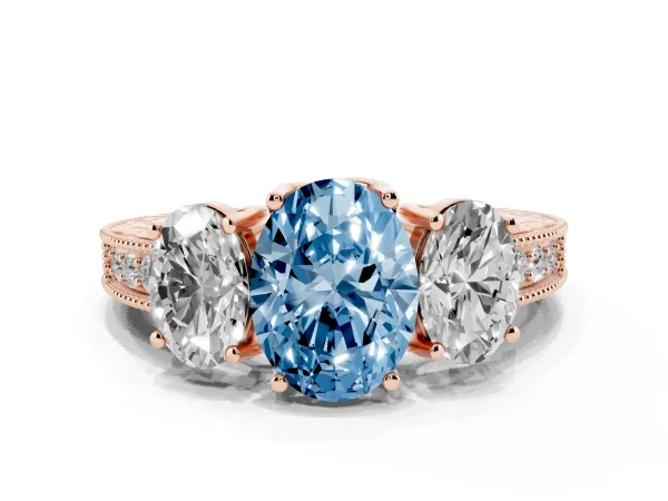 Fancy Blue Three-Stone Oval Cut Cut Milgrain Pavé Engagement Ring Rose gold