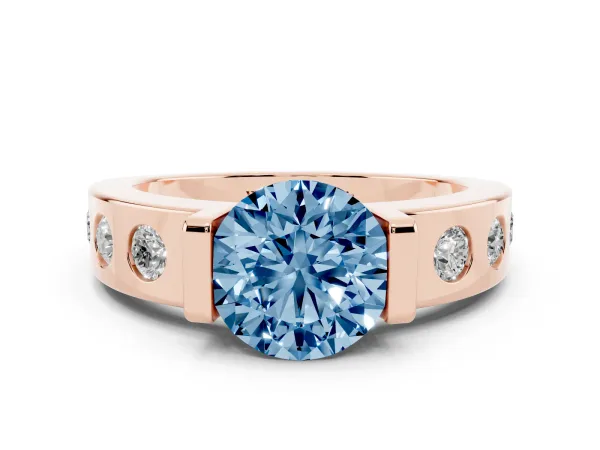 Fancy Blue Round Cut Brilliant Channel-Set Diamond Ring with Bezel Prong Setting Rose gold