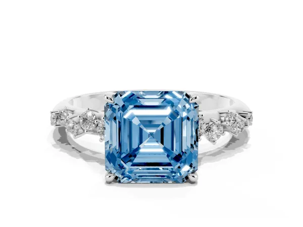 Fancy Blue Asscher Cut Diamond Cluster Side Stone Solitaire Ring with Prong Setting White gold