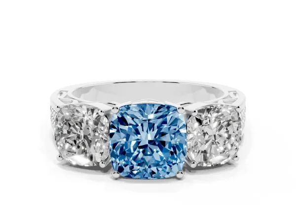 Fancy Blue Cushion Cut Diamond Three-Stone Ring with Prong Setting and Textured Band White gold