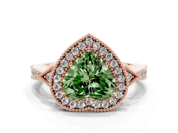 Fancy Green Heart Cut Halo Round Diamond Milgrain Pave Engagement Ring Rose gold