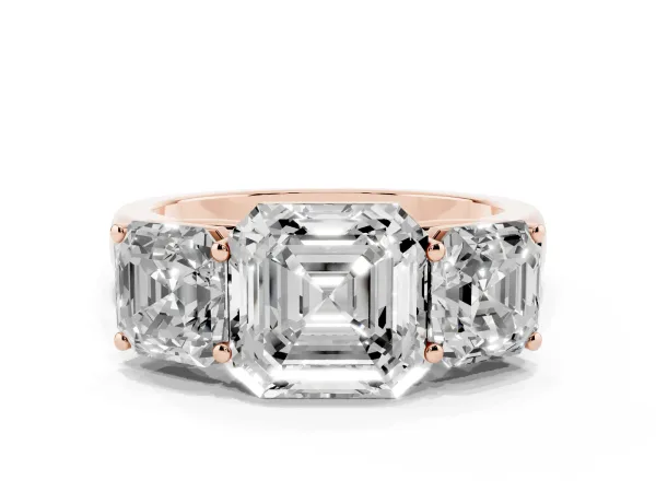 Asscher Cut Three-Stone Diamond Ring with Prong Setting on a Classic Band Rose gold
