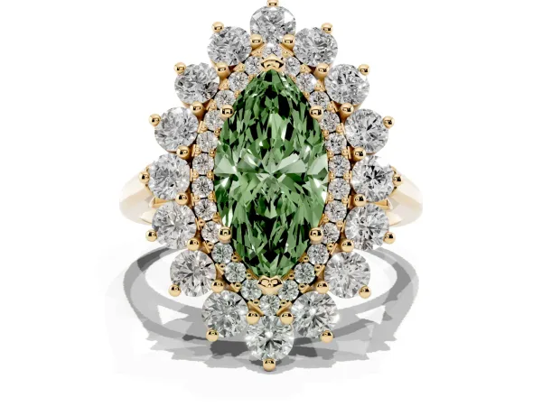 Fancy Green Marquise Cut Diamond Floral Double Halo Engagement Ring with Prong Setting Yellow gold
