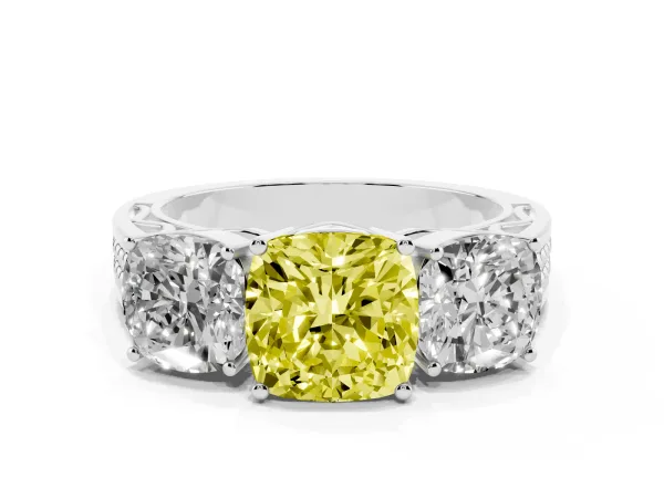 Fancy Yellow Cushion Cut Diamond Three-Stone Ring with Prong Setting and Textured Band Platinum