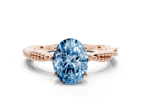 Fancy Blue Oval Cut Solitaire Twisted Band with Bead Prong Setting Rose gold