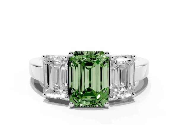 Fancy Green Three-Stone Emerald Cut Cut Diamond Engagement Ring with Flat Band and Four-Prong Setting Platinum