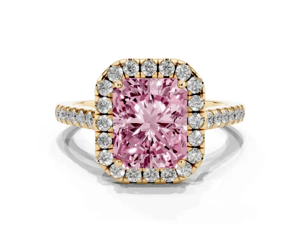 Fancy Pink Radiant Cut Halo Pavé Diamond Engagement Ring with Four-Prong Setting Yellow gold