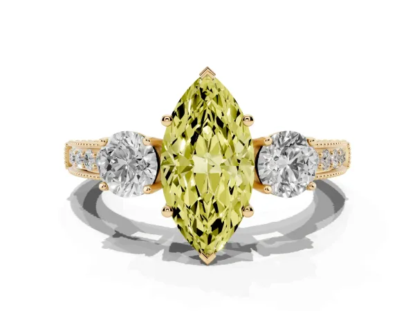 Fancy Yellow Marquise Cut Three-Stone Diamond Ring with Pavé Band and Four-Prong Setting Yellow gold