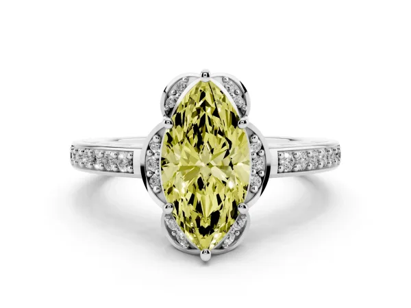 Fancy Yellow Marquise Cut Cut Halo Diamond Ring with Channel Set Band and Four-Prong Setting Platinum