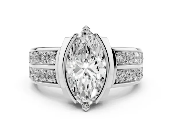Marquise Cut Brilliant Diamond Channel Set Wide Band Ring with Bezel Setting White gold