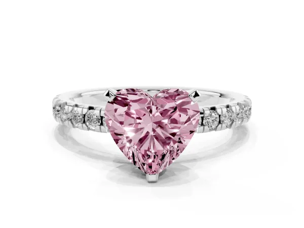 Fancy Pink Heart Cut Diamond Solitaire Pavé Engagement Ring with Round Band and Prong Setting Platinum