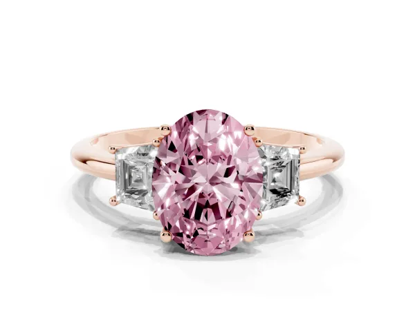 Fancy Pink Oval Cut Diamond Three-Stone Ring with Trapezoid Side Stones and Prong Setting Rose gold