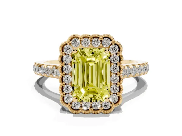 Fancy Yellow Emerald Cut Cut Diamond Milgrain Floral Halo Engagement Ring with Pavé Band Yellow gold