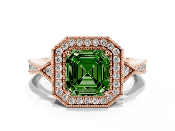 Fancy Green Asscher Cut Halo Round Diamond Milgrain Pave Engagement Ring Rose gold