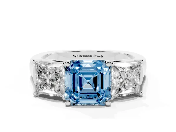 Fancy Blue Three-Stone Asscher Cut Brilliant Diamond Trellis Ring with Comfort Fit Band White gold