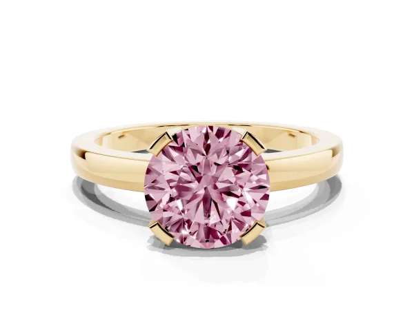 Fancy Pink Round Cut Cut Solitaire Ring with Four-Prong Setting and Classic Band Yellow gold