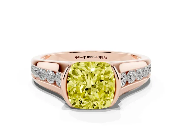 Fancy Yellow Cushion Cut Solitaire Bezel-Set Diamond Ring with Channel-Set Band Rose gold