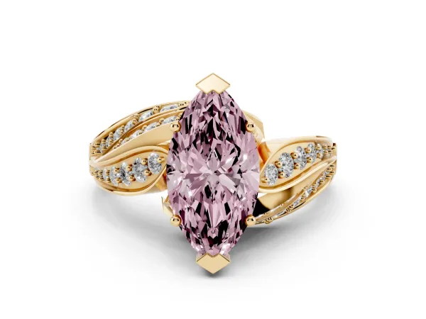 Fancy Pink Marquise Cut Diamond Solitaire Ring with Prong Setting and Twisted Pavé Band Yellow gold