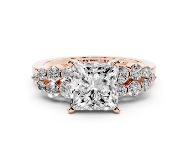 Princess Cut Cluster Diamond Engagement Ring with Pavé Band and Four-Prong Setting Rose gold