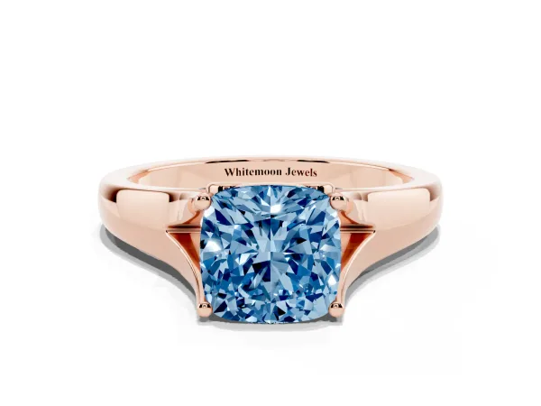 Fancy Blue Cushion Cut Solitaire Diamond Ring with Cathedral Band and Four-Prong Setting Rose gold