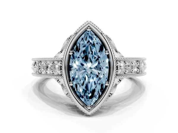 Fancy Blue Bezel Set Marquise Cut Diamond Milgrain Pave Engagement Ring White gold