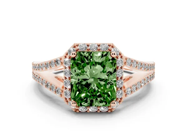Fancy Green Radiant Cut Halo Split Shank Pave Diamond Ring with Four-Prong Setting Rose gold