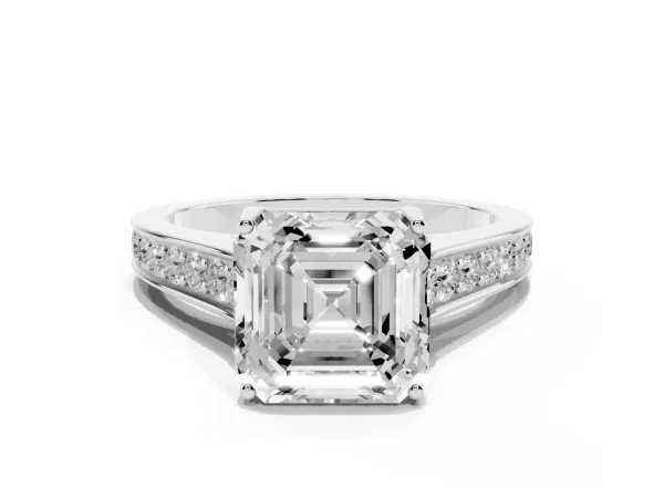 Asscher Cut Brilliant Cut Diamond Engagement Ring with Pavé Band and Four-Prong Setting White gold