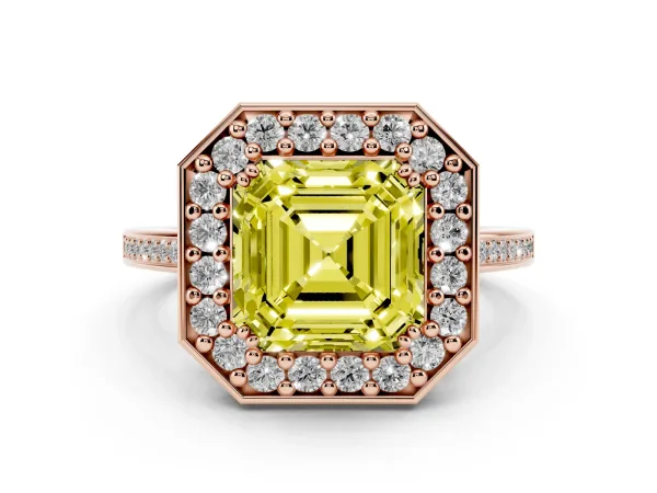 Fancy Yellow Asscher Cut Diamond Halo Ring with Split Shank and Four-Prong Setting Rose gold