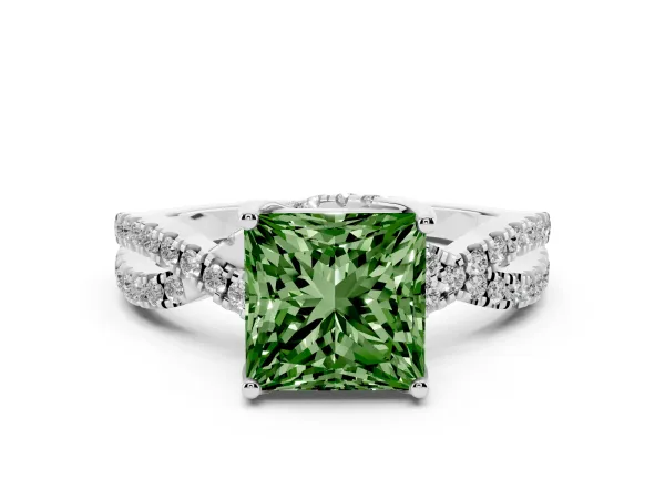 Fancy Green Princess Cut Solitaire Twist Pave Diamond Engagement Ring with Prong Setting Platinum