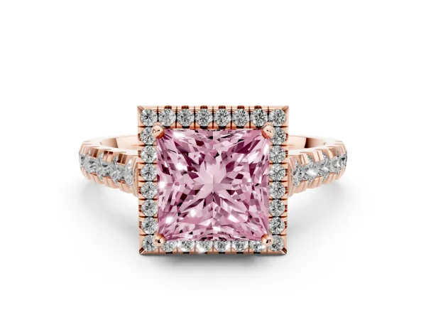 Fancy Pink Princess Cut Halo Pavé Diamond Engagement Ring with Four-Prong Setting Rose gold
