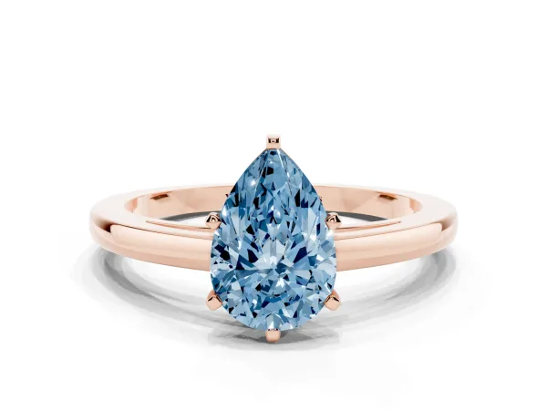 Fancy Blue Pear Cut Solitaire Diamond Engagement Ring with Four-Prong Setting on a Classic Band Rose gold
