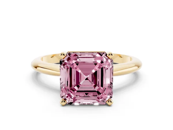 Fancy Pink Asscher Cut Cut Solitaire Ring with Four-Prong Setting on a Classic Band Yellow gold