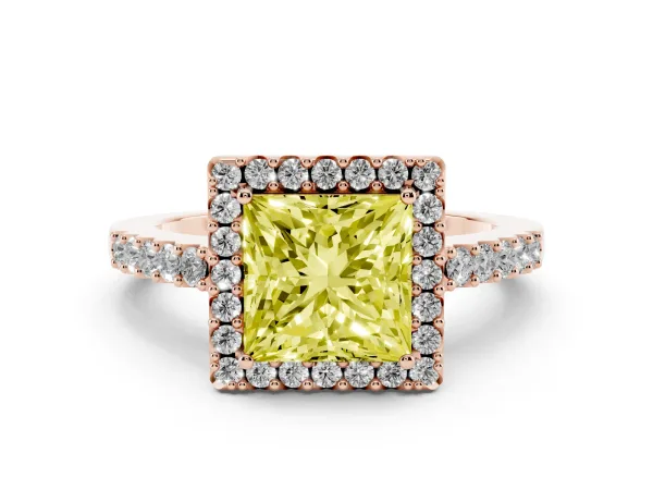 Fancy Yellow Princess Cut Halo Diamond Pavé Solitaire Ring Rose gold